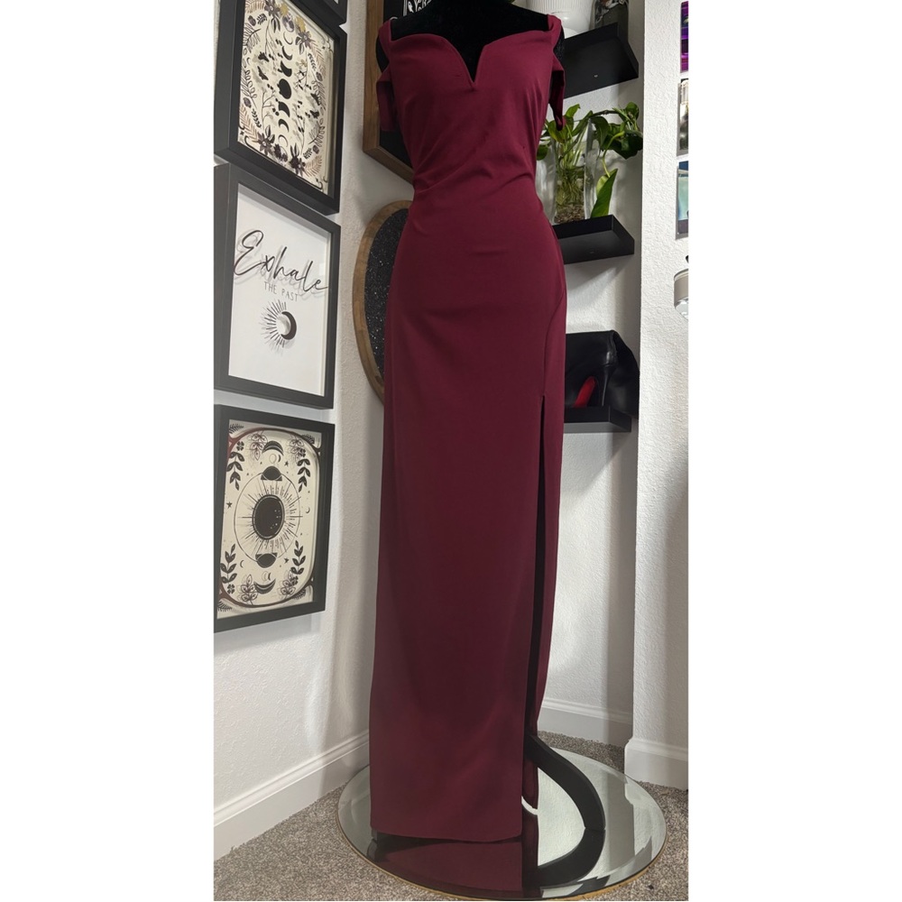 Long Wine Colored Reckless Hearts formal off the shoulder dress with front slit